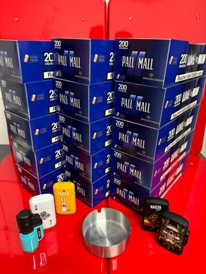 Pall Mall Blau 15 x 200 Filterhülsen + Aschenbecher + Sturmfeuerzeug