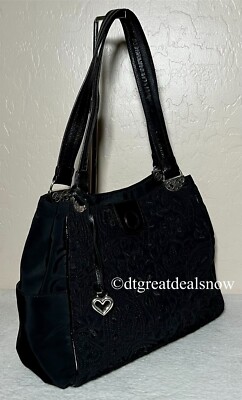 Brighton Black Nylon Shoulder Bag Small Tote Purse E141711 Floral Pattern