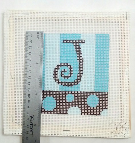 JB needlepoint canvas HP handpaint #101 J initial 10m stripe dot turquoise black - Picture 4 of 5