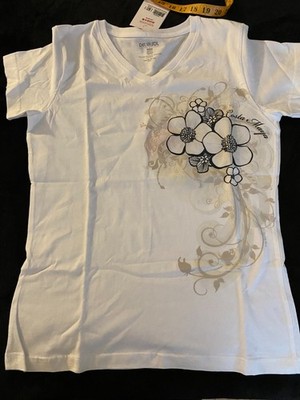 Del Sol V-Neck SpringFlng Wht Costa Maya Flowered 100% Cotton T-Shirt: Medium