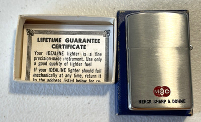 Vintage IDEALINE Cigarette Lighter & Box Merck Sharp & Dohme Enamel Advertising
