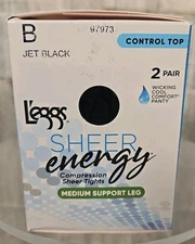 L'eggs Pantyhose Sheer Energy Size B Jet Black Control Top Medium Support Leg