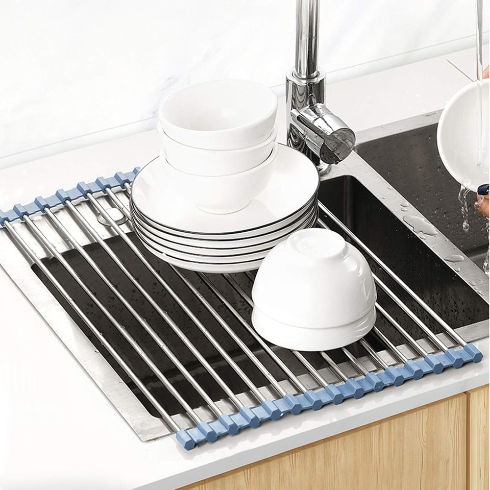 Metal Racking Blue Roll Up Sink Dish Drying Rack, Stainless Steel Foldable Rack 17.5''x11 ...