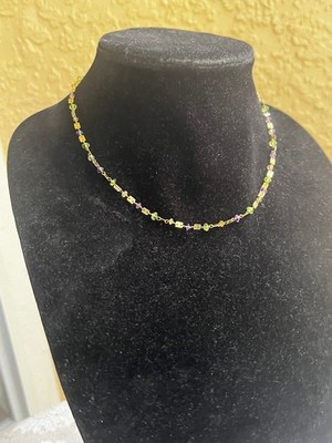 750 18K Solid Yellow Gold Peridot, Amethyst, Citrine Station Necklace Italy 18''
