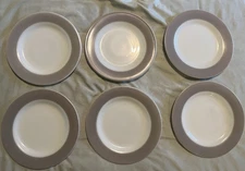 6 VINTAGE PYREX DOVE GRAY RIM SALAD LUNCH PLATES 8 1/4”  UNUSED CONDITION