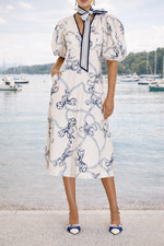 ZIMMERMANN Day Midi Dress Navy Bows Linen Size 2 AU/UK 12 US 8 EUC Neck Tie