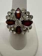 Silver Tone Adjustable Ring With Red Clear Rhinestone