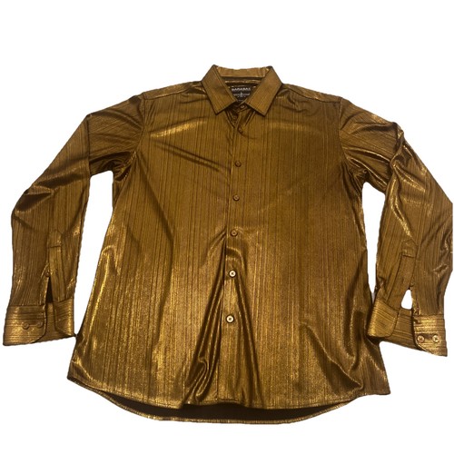Barabas Shiny Metallic Golden Bronze Button Down Shirt Stretchy Size Medium