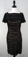 Adrianna Papell Black Striped Sheer Tan Lined Short Sleeve Lace Dress Size 10