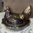 Rare Vintage Fenton carnival glass hen on nest with blue purple and gold