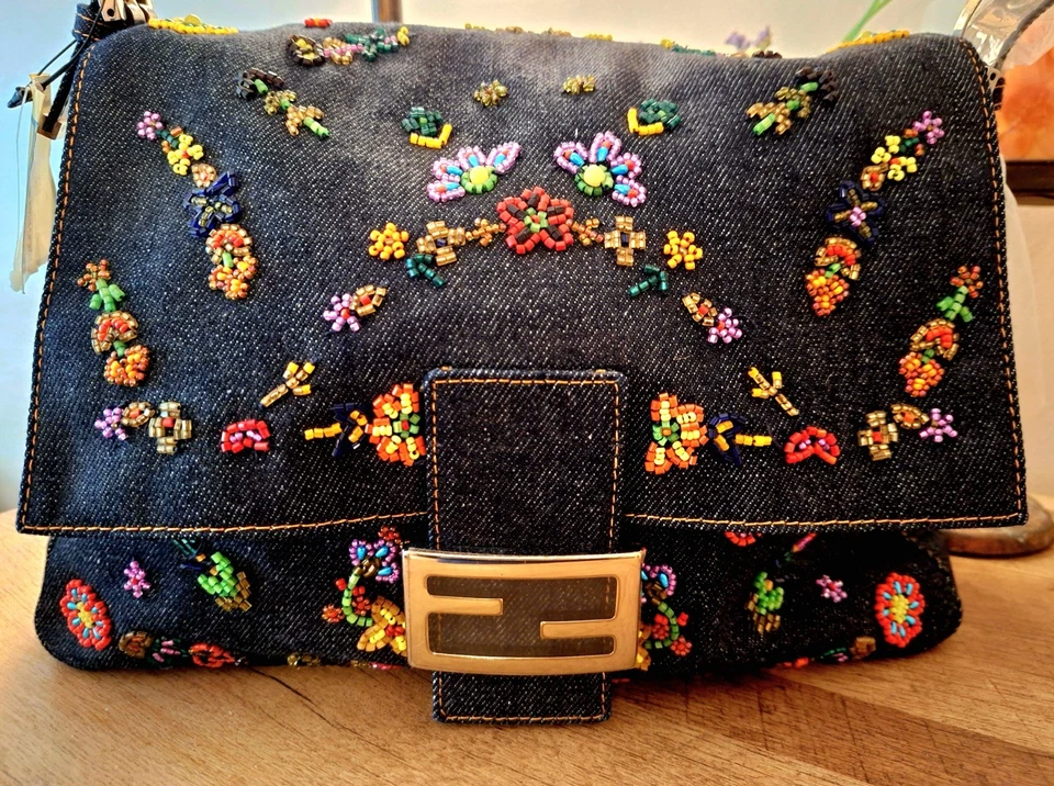 Fendi Mama Baguette Denim Cuentas *NUEVO* Grande Foto 2 de 4