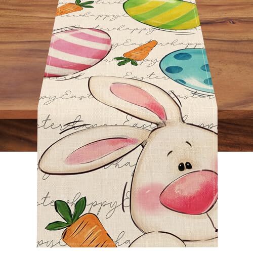 Seliem Frohe Ostern Hase Tischläufer Niedliche Hasen Eier Karotte Weiß Küche...