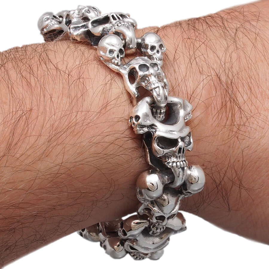 79g 9" 23cm heavy chunky skull curb biker 925 sterling silver mens  bracelet