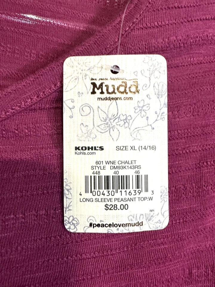 Nuevo Top Campesino Mudd Niñas Talla XL Manga Larga Vino 14/16 Púrpura Foto 3 de 4