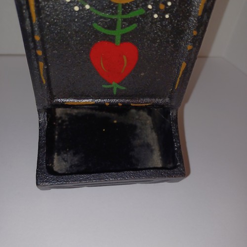 Vtg Cast Iron Match Box Holder Black Red Heart Yellow Flowers Heavy - Picture 3 of 8