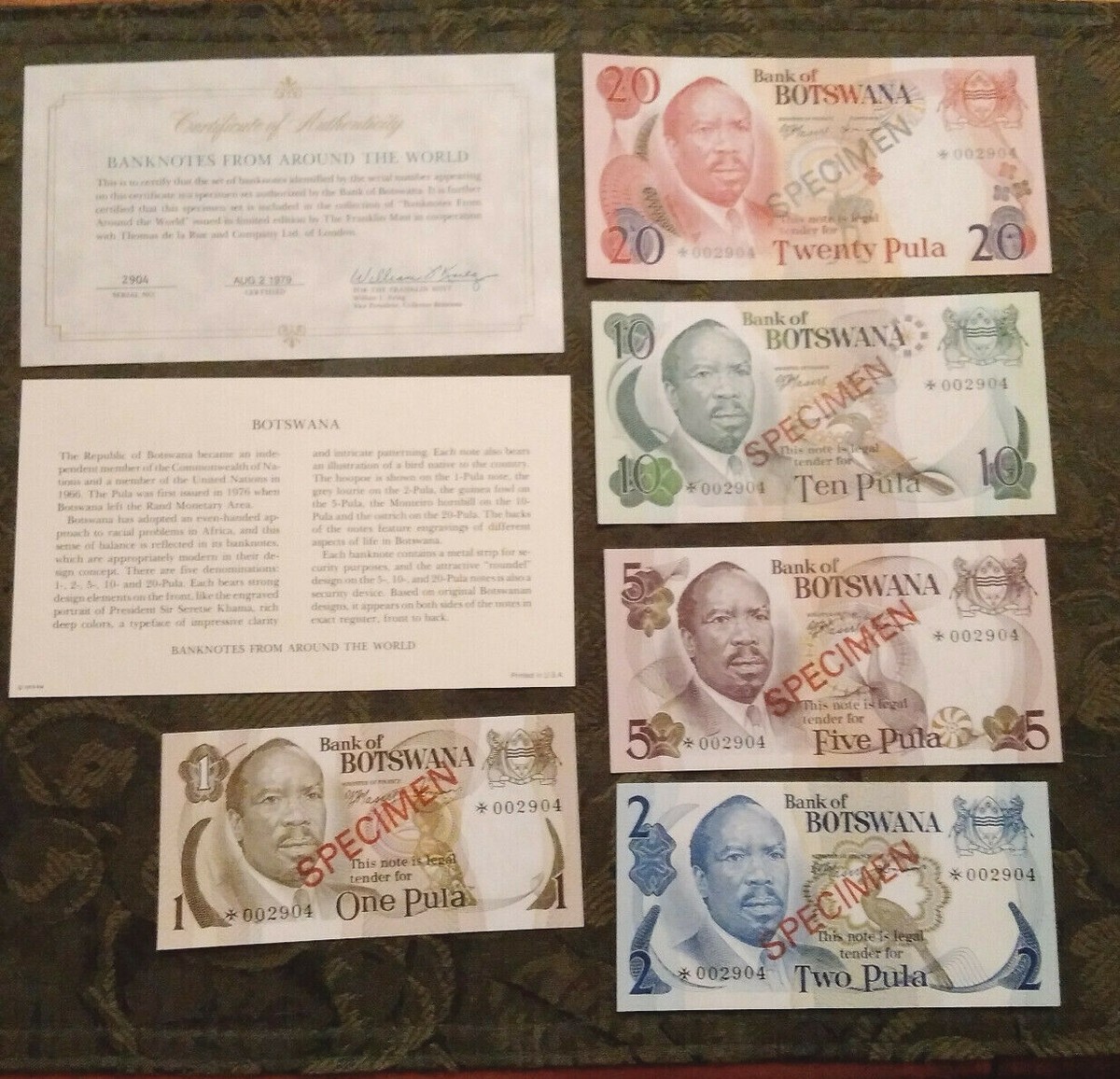 BOTSWANA 1979 1 - 20 Pula Complete 5 Specimen Set CS1 P 1-5