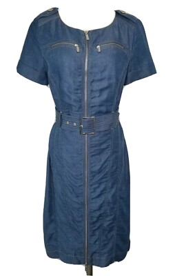Karen Millen Dress Size 6 Blue Denim Belted Military LOOK