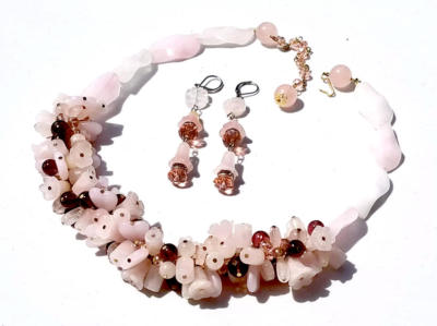 IRIS G Pink Rose Quartz Gemstone-Austrian Crystal Runway Demi-Choker & ER-OOAK