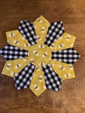 Handmade Quilted 12  Black  White Homespun  Bees Table Topper, Candle Mat,NEW