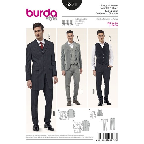 Burda 6871 Sewing Pattern Suit Jacket Vest Pants Formal Attire Church 34-50 NEW - Afbeelding 1 van 3