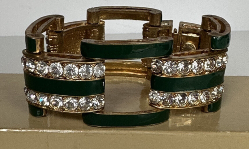 J. Crew Green Enamel Gold Plated  Rhinestones  Bracelet  Massive wide - Picture 1 of 24
