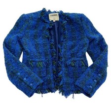 L'agence Blazer Womens 0 Blue Green Angelina Tweed Frayed Trim Jacket