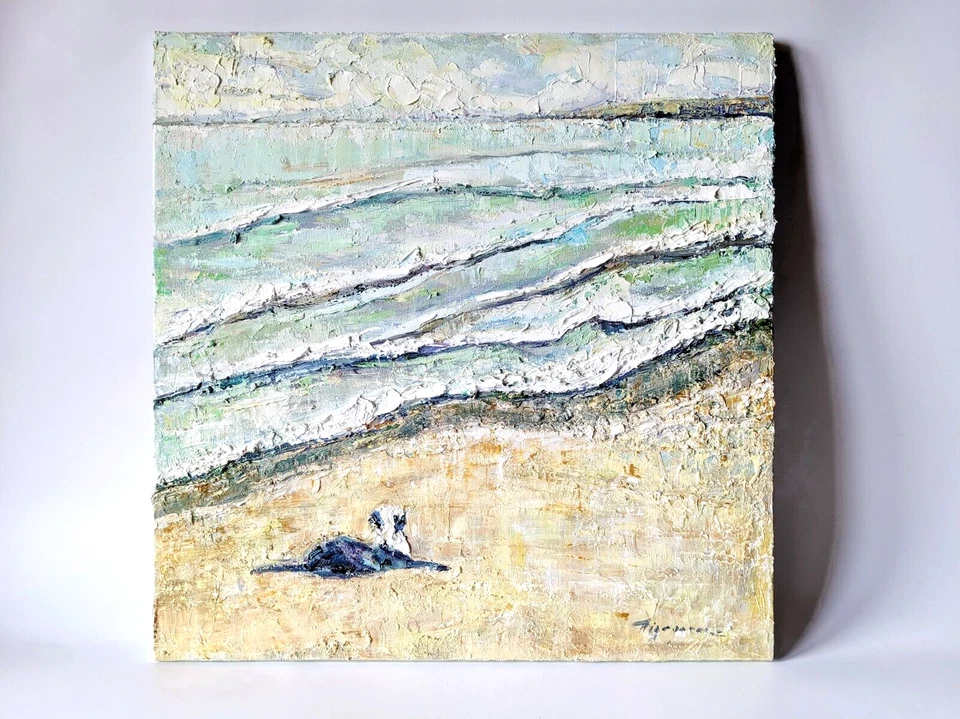 Оригинальная картина маслом собака пляж морской пейзаж искусство текстурированный холст прибрежный декор - Изображение 3 из 4