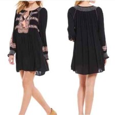 FREE PEOPLE Wind Willow Black Embroidered Tassel BOHO Peasant Mini Dress Size S