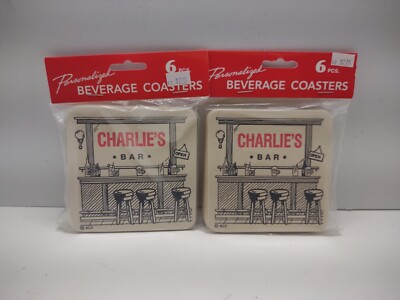 CHARLIE'S BAR VTG. 1993 NOS 2 NEW Package 6 Piece Beverage Drink Coasters 