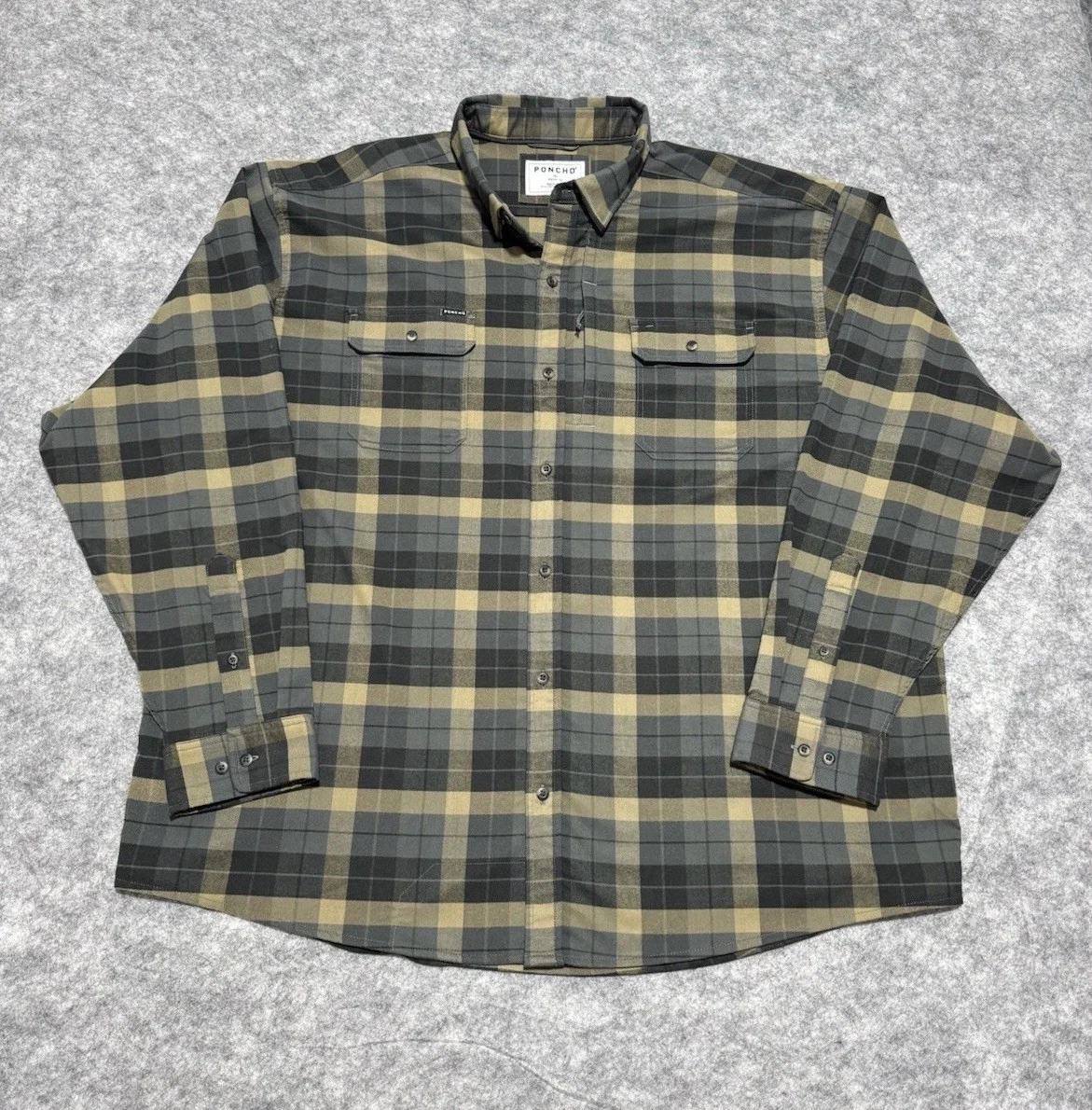 Poncho Shirt Mens 3XL Flannel The Teton Gray Tan Plaid Regular Fit Long Sleeve