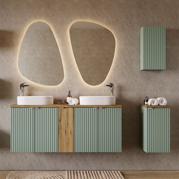 BadmöBel Set 140Cm Waschtisch Spiegel HäNgeschrank Seitenschrank, GrüN Und Eiche-image