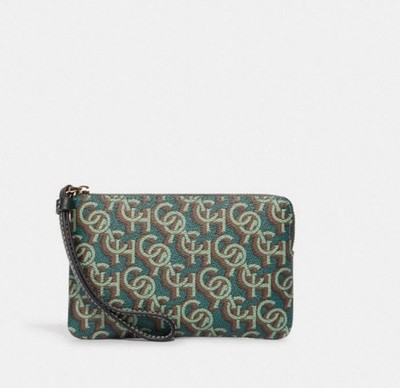 NWT Coach CF548 Corner Zip Wristlet Signature Canvas with Monogram Print Green