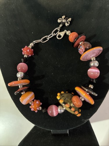 VINTAGE 925 STERLING SILVER ORANGE MURANO ART GLASS CHUNKY CHARM BRACELET 8" ADJ - Picture 4 of 17