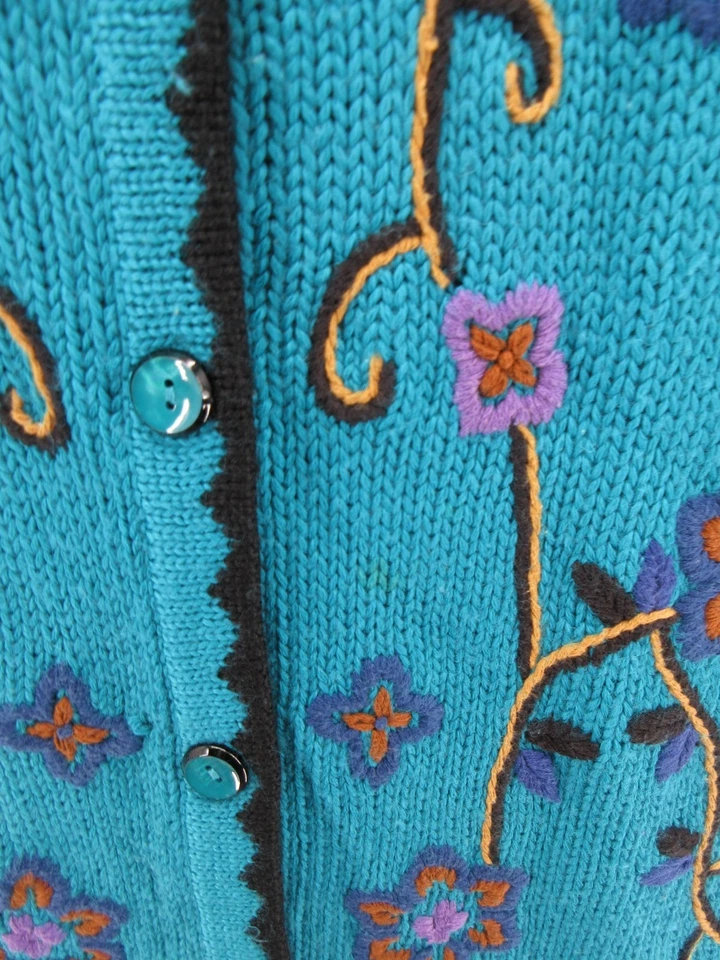 Victor Costa Sweater Women 1X Plus Blue Wool Cardigan Floral Embroidered VTG * - Image 4 of 4