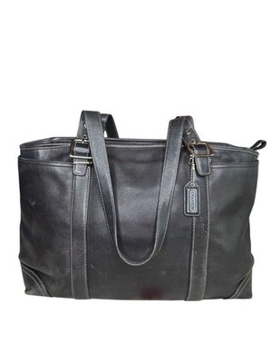 Coach Hamptons Black Leather Tote Shoulder Bag Zip Top Hangtag Carryall Purse