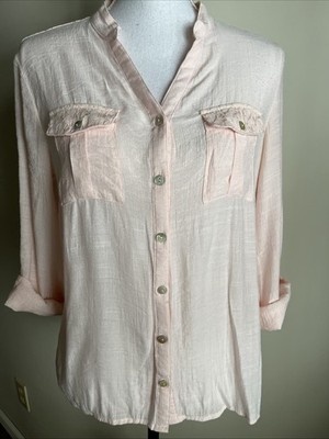 Women s Notations Roll Tab Sleeve Lace Embellished Button Down Shirt  S