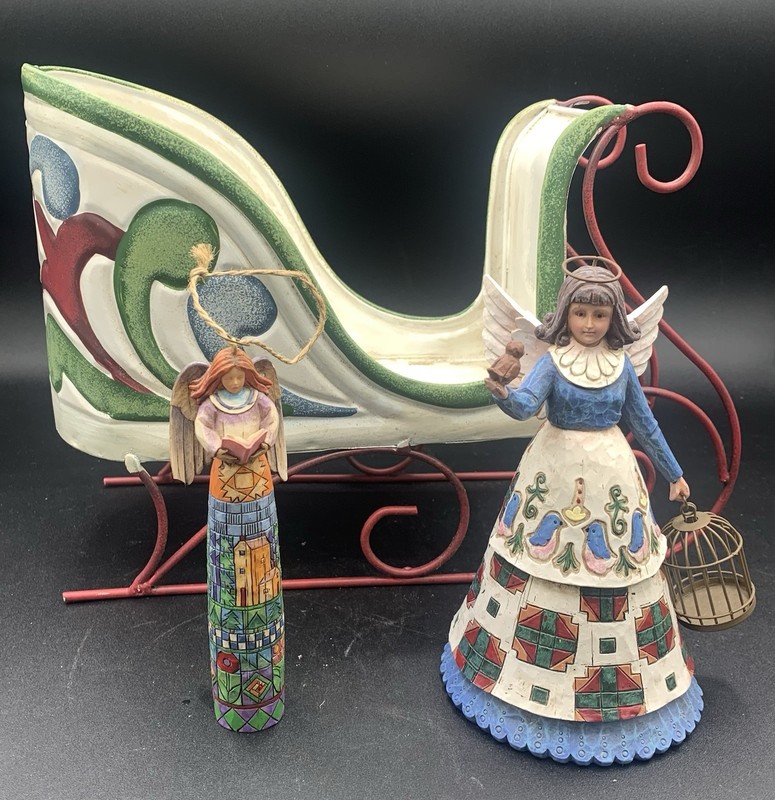 Jim Shore Metal Sleigh, Angel Figurine & Angel Ornament