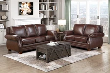 2 PC DARK BROWN TOP GRAIN LEATHER MATCH SOFA LOVESEAT LIVING ROOM FURNITURE SET