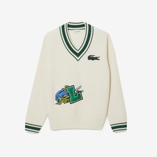 Men's Lacoste Holiday Comic Badge Striped V-Neck Sweater Size 7 XXL 260