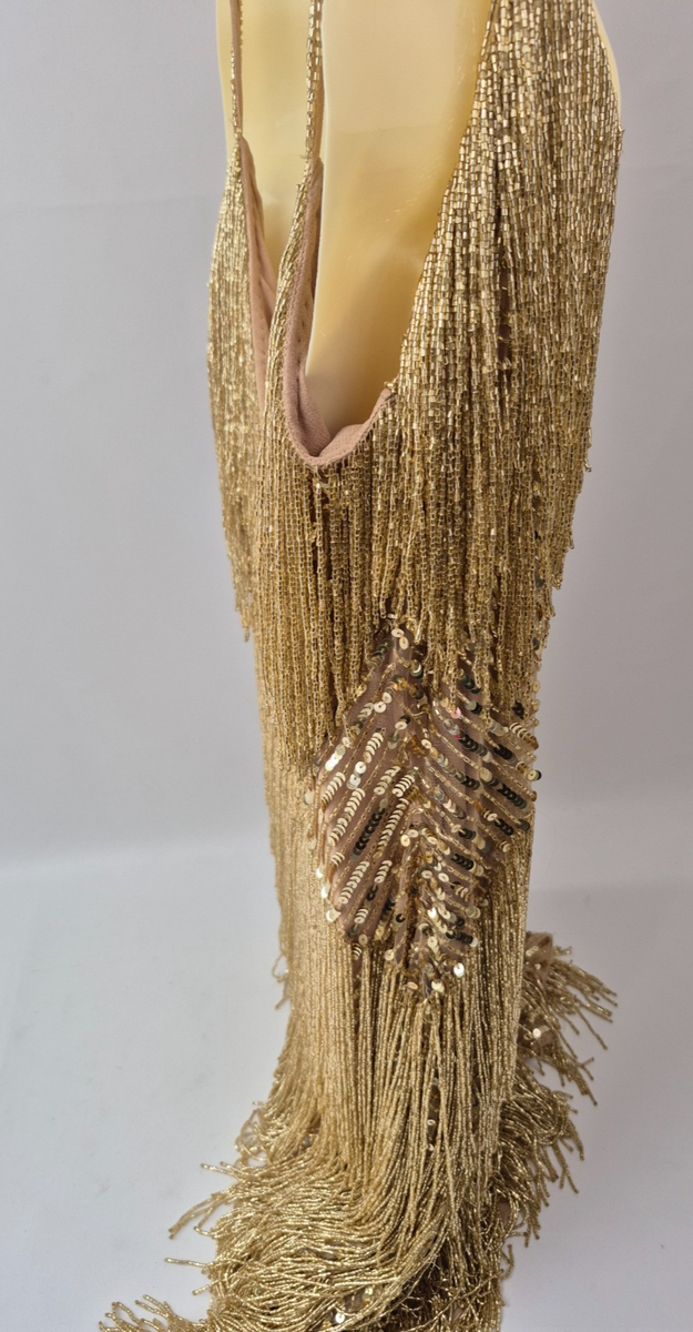 Nadine Merabi Women's Gold Beaded Fringe Mini Dress Size 12 US | eBay