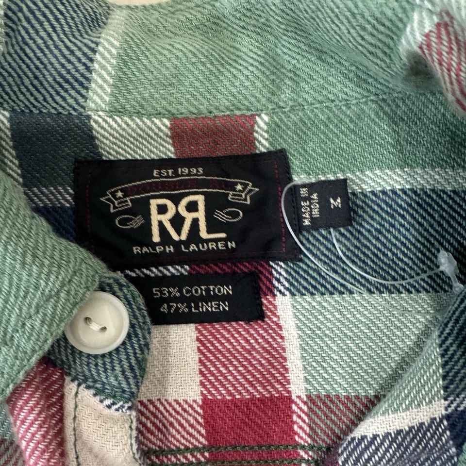 RRL Double RL Shirt Men's Medium Green Button Down Plaid Work Linen Flannel - Image 4 of 4