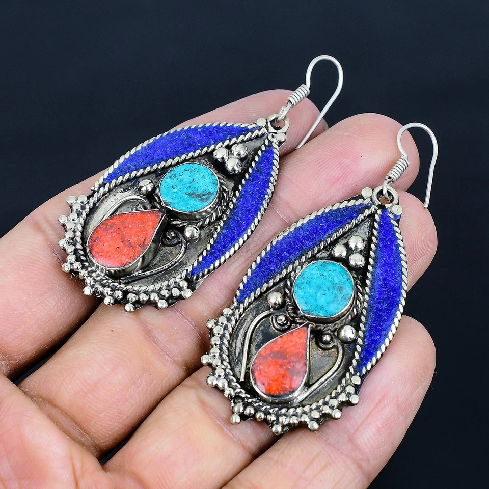 Turquoise Coral Lapis Lazuli 925 Sterling Silver Tibetan Nepali Earring 2.5" T91 - Image 3 of 4
