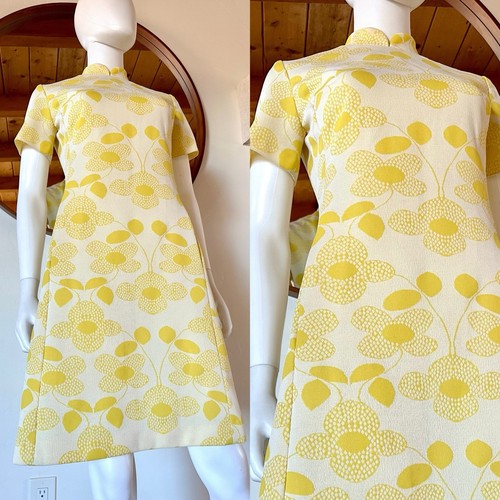 VTG 60'S 70'S GROOVY FLORAL YELLOW IVORY KNIT SHIFT DRESS FITS XS-S - Picture 9 of 9