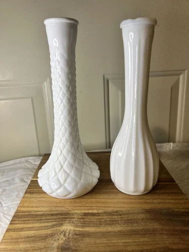 Vintage Hoosier Glass & CLG Co Milk Glass Pair of Bud Vases MCM