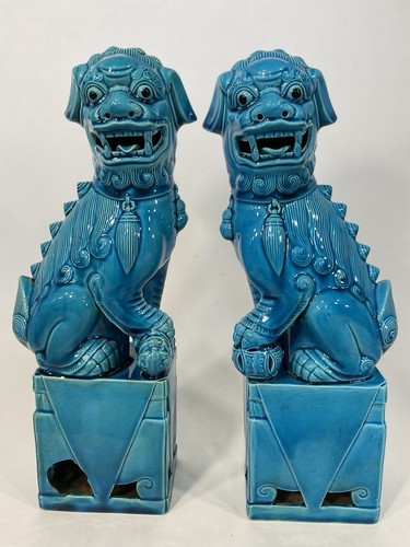 Pair Vintage Chinese Porcelain Turquoise Blue Foo Dog Figurines 11 1/2 “￼
