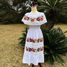 Mexican Embroidered Dress White Off Shoulder Peasant Floral Butterfly Sz XL