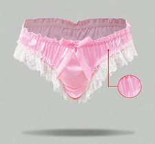 Men’s pink Satin silky feel panties ruched Luxury sissy lace trim size M 10