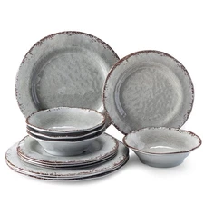 Farmhouse Melamine Dishes Dinnerware Set, 12 Piece Rustic Plates and Bowls Gr...