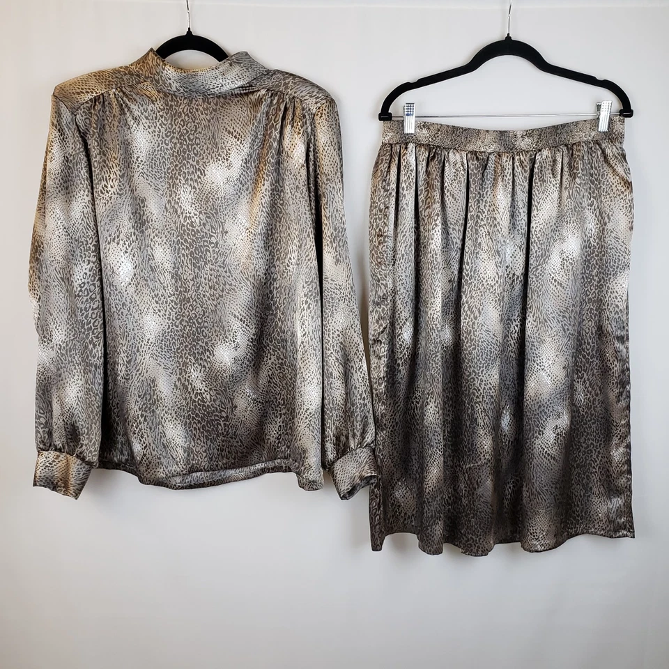 Vintage 80s 2 Piece Set Blouse Skirt 20 Animal Print High Neck Dynasty Rich Mom - Image 2 of 4