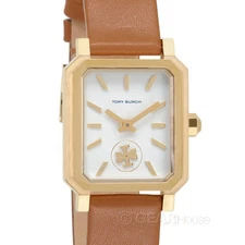 TORY BURCH Robinson Womens Gold Watch White Rectangular Dial Brown Leather Band